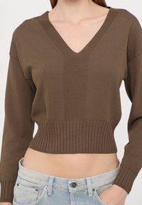Pull marron en tricot avec col en V, ourlet côtelé et manches longues. Le tissu présente une texture lisse et des détails de coutures verticales.