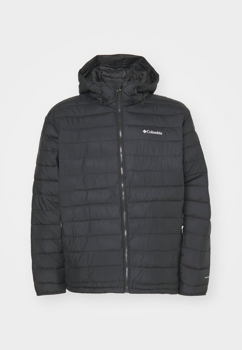 Veste matelassée noire avec fermeture éclair à l'avant et capuche. Caractéristiques : texture matelassée et logo Columbia sur la poitrine. Design léger.