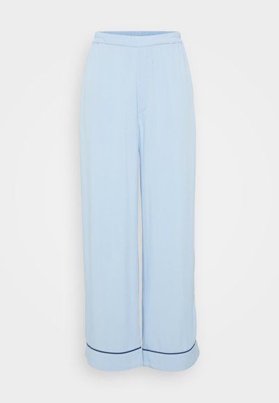 Lichtblauwe wijde broek met een zachte textuur, elastische tailleband en donkerblauwe boord aan de pijpen, met een losse, relaxte pasvorm.