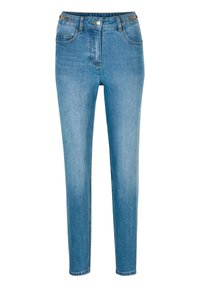 Helle blaue hochtaillierte Skinny-Jeans mit vornem Knopf, Reißverschluss, fünf Taschen und dekorativen goldenen Kettendetails an den Gürtelschlaufen.