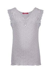 Light purple sleeveless lace top with small heart patterns, scalloped edges, a V-neck, and a small bow at the neckline.