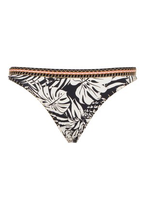 Bikini con fondo nero decorato con motivi di foglie tropicali bianche, rifinito con una fascia decorativa oro e arancione.