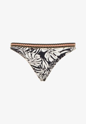 Bikini con fondo nero decorato con motivi di foglie tropicali bianche, rifinito con una fascia decorativa oro e arancione.