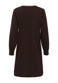 Robe marron foncé à manches longues avec poignets boutonnés et détails subtils cousus au niveau de l'encolure, vue de dos.