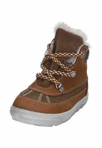 Brązowe zamszowe botki za kostkę z białym futrzanym wyściółką, kontrastującym białym przeszyciem oraz brązowo-białymi wzorzystymi sznurowadłami. Gumowa podeszwa z bieżnikiem.