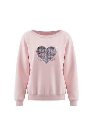 Felpa a manica lunga rosa chiaro con polsini e orlo a coste, presenta un disegno a cuore scozzese scuro e testo motivazionale sul petto.