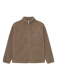 Brown fleece jacket with a high collar, zip front, and two front pockets. Textured surface with additional branding detail on the chest.