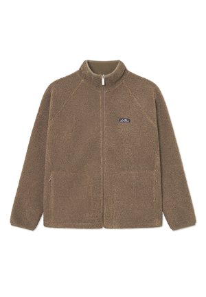 Brown fleece jacket with a high collar, zip front, and two front pockets. Textured surface with additional branding detail on the chest.