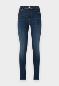 Dark blue skinny jeans made of denim, featuring a front button closure, five-pocket design, and subtle fading on the thighs.