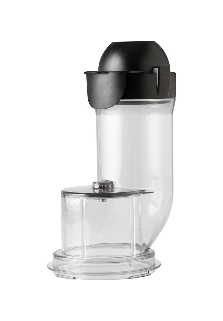 Průhledná plastová nádoba s zahnutým výtokem a černým víčkem s klapkou, určená na dávkování nebo nalévání kapalin.