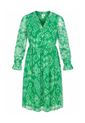 Grünes, durchsichtiges Kleid mit V-Ausschnitt, langen Puffärmeln und elastischen Bündchen. Es hat ein geometrisches Muster und ein tailliertes Design.