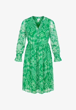 Grünes, durchsichtiges Kleid mit V-Ausschnitt, langen Puffärmeln und elastischen Bündchen. Es hat ein geometrisches Muster und ein tailliertes Design.