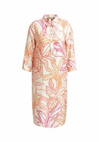 Weißes knielanges Kleid mit orangefarbenen und rosa tropischen Blättern, Dreiviertelärmeln, Knopfleiste und kleinem Kragen.