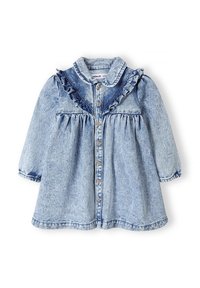 Denimmekko, jossa on pitkät hihat, vaaleansininen pesu, frilla kauluksessa ja rinnassa, nappisulku edessä ja kerätty vyötärö.