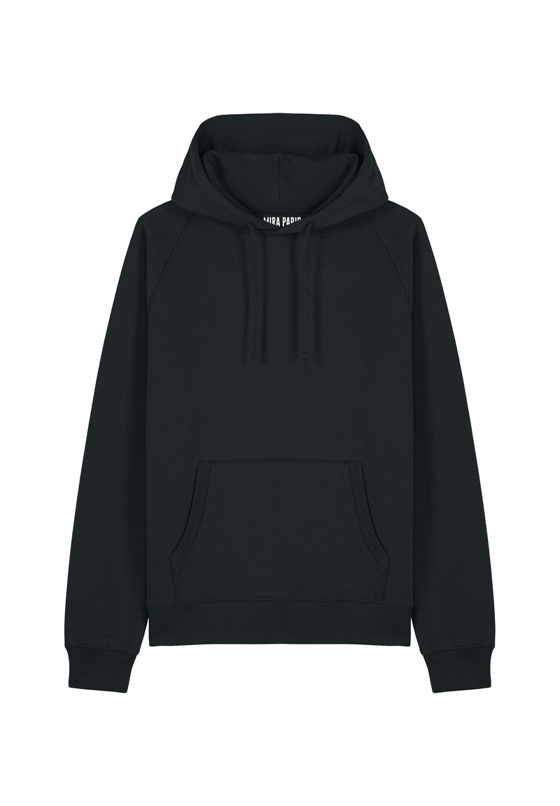 Felpa nera con cappuccio, tasca a marsupio sul davanti, coulisse sul cappuccio, maniche lunghe e polsini e orlo a costine.