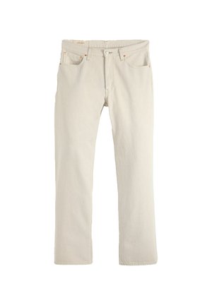 Beige denim jeans med lige pasform, diskrete syninger, fem lommer, knaplukning og minimalistisk design.