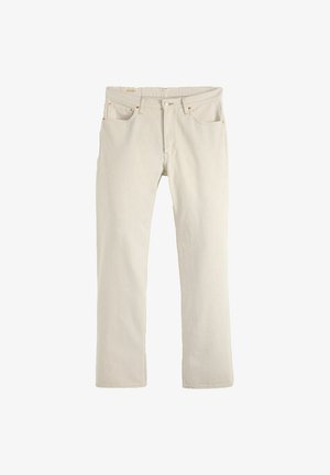 Beige denim jeans med lige pasform, diskrete syninger, fem lommer, knaplukning og minimalistisk design.