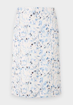 Spódnica w kwiatowy wzór z jasnym tłem, niebieskimi wirami i ciemnymi akcentami, wykonana z oddychającego materiału, o długości do kolan.