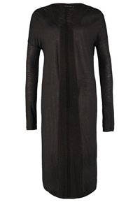 Sort lang cardigan lavet af letvægtsstof, med lange ærmer, åben front og en glat tekstur med minimal detaljering.