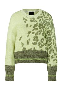 Hellgrüner Pullover mit einem strukturierten Leopardenmuster in dunklerem Grün. Strickstoff, weit geschnittene Ausschnittform und gerippte Bündchen mit einem kontrastierenden Saum.