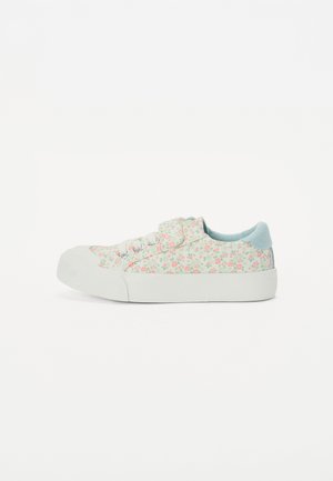 Floral print sneaker with a light pastel background, white rubber toe cap, lace-up design, and contrasting light blue heel.