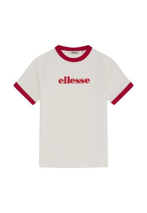 Tricou alb cu mânecă scurtă, guler și manșete roșii striate, cu logo-ul „ellesse” roșu centrat pe piept.