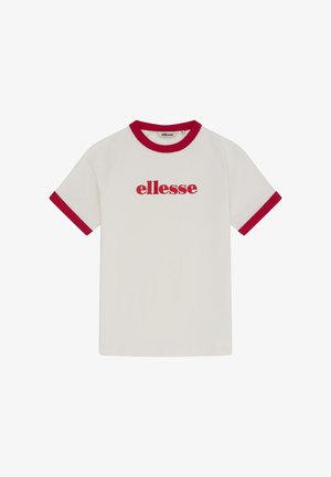 Weißes T-Shirt mit kurzen Ärmeln, rotem geripptem Kragen und Ärmelbündchen, mit rotem "ellesse"-Logo zentriert auf der Brust.
