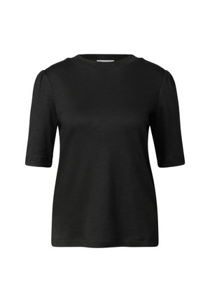 T-shirt noir à manches courtes en coton doux. Il présente un col rond et des manches légèrement bouffantes, avec un design simple sans motifs.