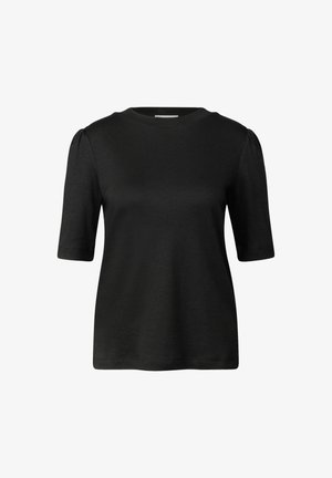 Sort kortærmet t-shirt lavet af blød bomuld. Har en rund halsudskæring og let puffede ærmer, enkel design uden mønstre.