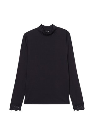 Haut noir à manches longues en turtleneck en tissu doux, avec des accents en dentelle aux poignets, offrant une silhouette ajustée et une texture lisse.