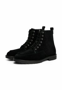 Black suede lace-up ankle boots with round toe, side zipper, pull tab at heel, and rubber sole.