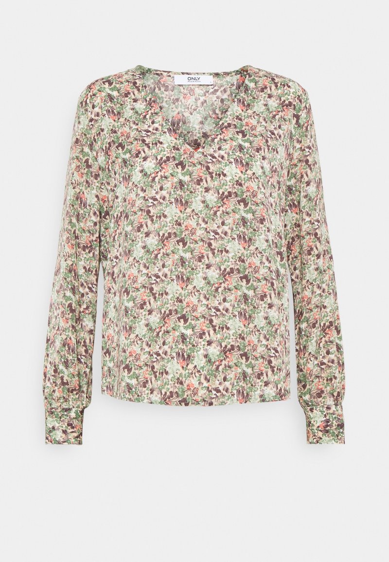 Blusa floreale con maniche lunghe, scollo a V, motivo multicolore di verde, beige e accenni di rosa, realizzata in tessuto leggero.