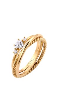 Goldring-Set mit einem gedrehten Banddesign, einem birnenförmigen Hauptstein und zwei kleineren runden Steinen an den Seiten. Glatte und polierte Oberfläche.