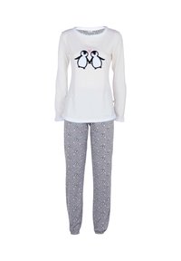 Top bianco a maniche lunghe con due pinguini che si tengono per le pinne, abbinato a pantaloni del pigiama grigi decorati con piccoli motivi di pinguini e dettagli.