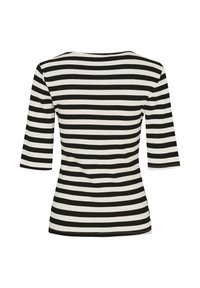 Sort og hvid horisontalt stribet tætsiddende top med trekvartærmer og rund udskæring, vist fra bagsiden.