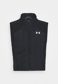 Chaleco negro sin mangas con un frente acolchado y lados lisos, que cuenta con un cuello alto y una cremallera central. Logo blanco en el pecho izquierdo.