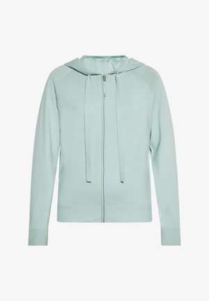 SVĚTLÍ MÁTOVĚ ZELENÁ ZIPOVÁ MIKINA S KAPUCÍ NA KRAČE A ŽEBROVANÝMI RUKÁVY A SPODNÍM OKRAJEM; VYROBENA Z MĚKKÉHO, ELASTICKÉHO MATERIÁLU S Hladkým POVRCHEM.