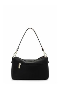 Black leather handbag with a curved shape, top zipper closure, and a shoulder strap. Features a front zip pocket and silver hardware accents.