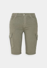 Khaaki vihje cargo shorts yang dibuat dari kain campuran katun. Fitur dua saku samping, penutupan kancing, dan potongan santai. Hem berada di atas lutut.