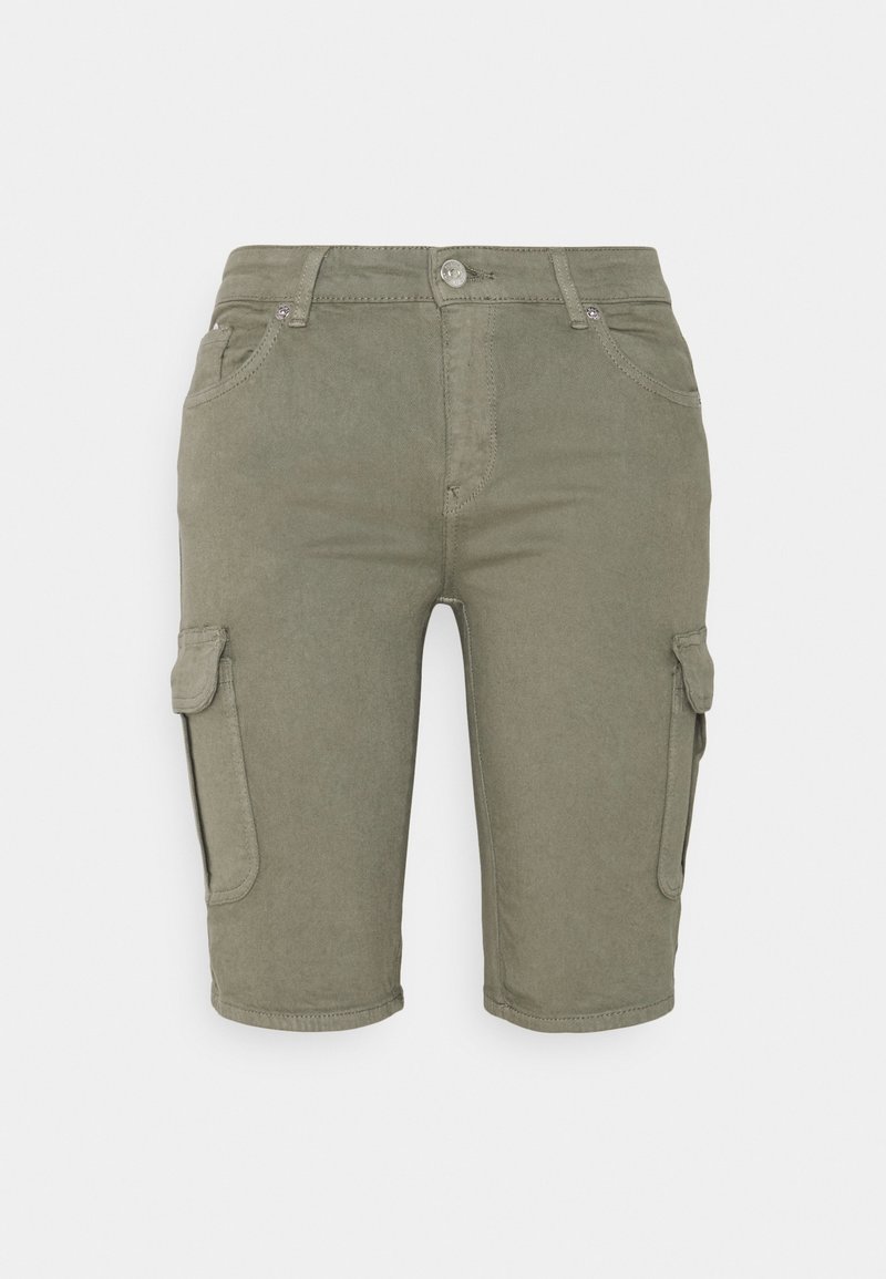 Khaaki vihje cargo shorts yang dibuat dari kain campuran katun. Fitur dua saku samping, penutupan kancing, dan potongan santai. Hem berada di atas lutut.