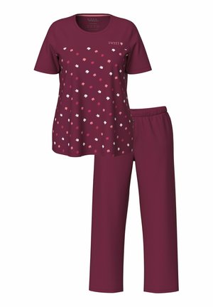 Set di pigiama con top corto bordeaux a maniche corte con stampa floreale rosa e bianca e pantaloni abbinati in tinta unita, con vita elastica.