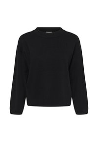 Crna pletena vesta s rebrastim ovratnikom, spuštenim ramenima i dugim rukavima. Minimalistički dizajn, meka tekstura i opušten kroj.