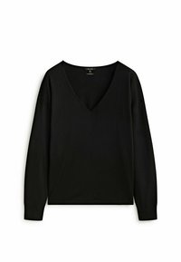 Pull noir à manches longues avec col en V, poignets côtelés et coupe décontractée, présenté sur un fond blanc.