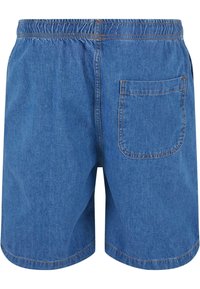 Mėlynos džinsinės šortai su elastiniu juosmeniu, galine kišene ir dvigubai siuvinėtu kraštu. Minkšta tekstūra ir klasikinis siluetas.