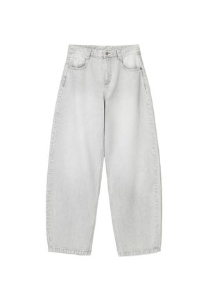 Helle graue Denim-Weitbeinhosen mit hoher Taille, ausgestattet mit Fronttaschen und einer verwitterten Textur. Klassisches Fünf-Taschen-Design mit Knopfverschluss.