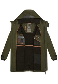 Green hooded jacket with black fleece lining, multiple interior pockets, orange piping, and "Stone Harbour" branding inside.