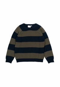Strickpullover mit dunkelgrünen und navyblauen horizontalen Streifen. Runder Halsausschnitt und gerippte Manschetten. Weiche Textur und lockere Passform.