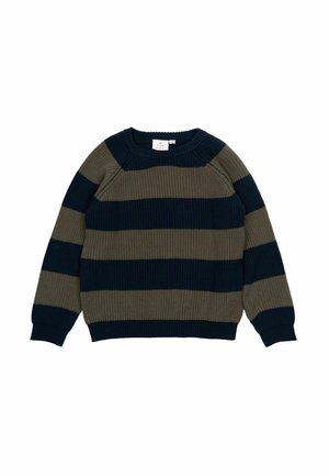 Stickad tröja med mörkgröna och marinblå horisontella ränder. Rund halsringning och ribbad mudd. Mjuk textur och avslappnad passform.