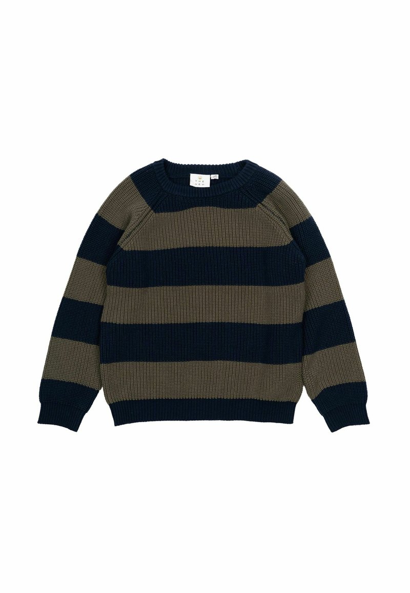 Strickpullover mit dunkelgrünen und navyblauen horizontalen Streifen. Runder Halsausschnitt und gerippte Manschetten. Weiche Textur und lockere Passform.