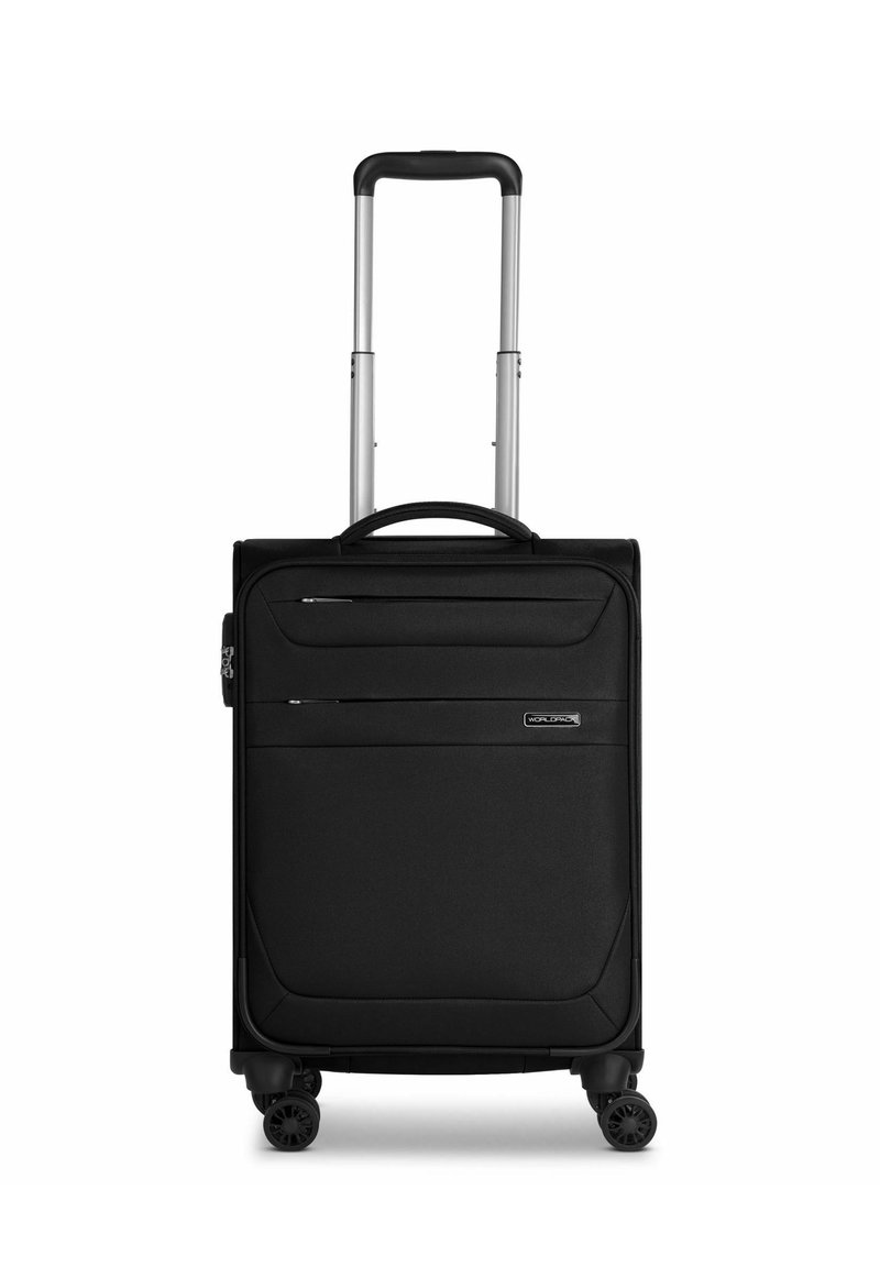 Maleta negra con un exterior texturizado, dos bolsillos con cremallera, mango retráctil y cuatro ruedas para una fácil movilidad.